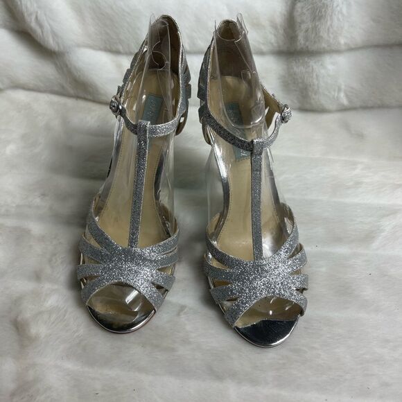 Betsey Johnson Blue silver glitter T strap sandals open toe ankle strap … - Picture 2 of 12